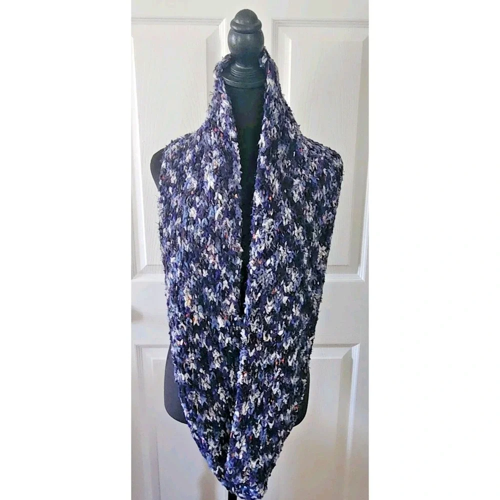 Crocheted Chunky Blue Multicolor Infinity Scarf Length 34